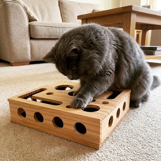 Graue Katze spielt an der Kleine-Kralle-Box